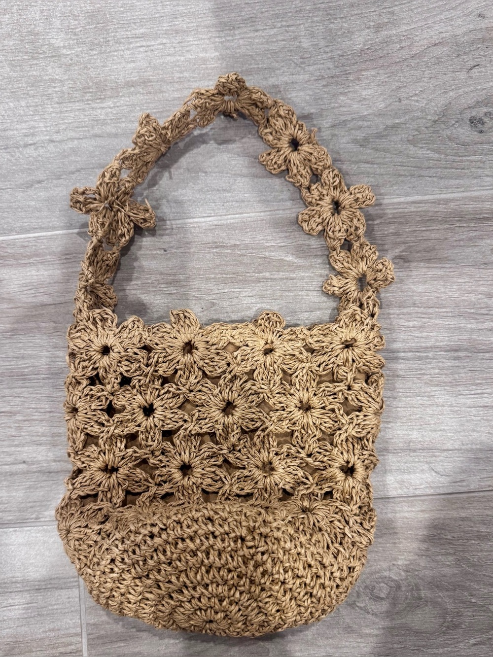 Petite Crochet Floral Tote Bag in Tan